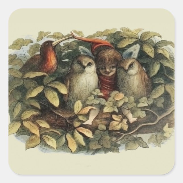Pegatina Cuadrada Ilustracion Natural de las Lechuzas y las Fe de El (Anverso)