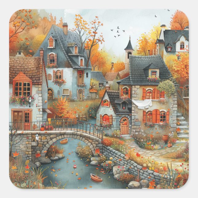 Pegatina Cuadrada Ilustracion Puente de la Aldea Otoño (Anverso)