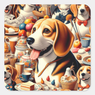 Pegatina Cuadrada Ilustracion Retro Cute Beagle