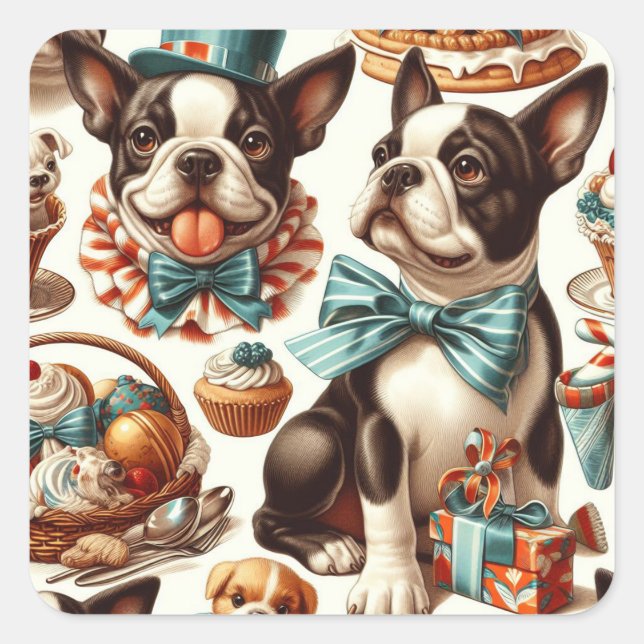 Pegatina Cuadrada Ilustracion Retro Cute Boston Terrier (Anverso)