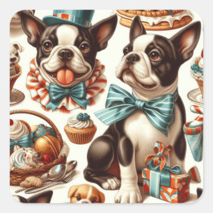 Pegatina Cuadrada Ilustracion Retro Cute Boston Terrier