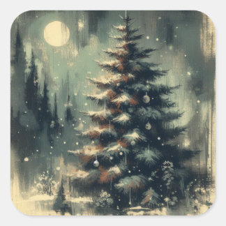 Pegatina Cuadrada Ilustracion retro de árbol de Navidad vintage