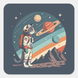 Pegatina Cuadrada Ilustración Retro de Gato Astronauta Espacio Cósmi