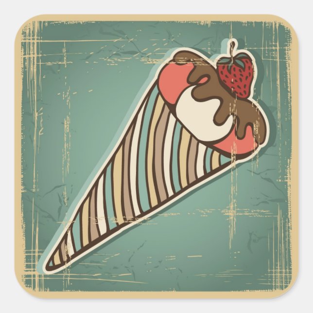 Pegatina Cuadrada Ilustracion retro del helado (Anverso)