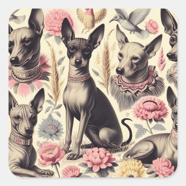 Pegatina Cuadrada Ilustracion retro Xoloitzcuintle Seamless (Anverso)
