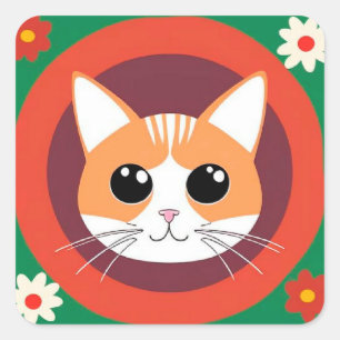 Pegatina Cuadrada Ilustración Vibrante de Cara de Gato Adorable