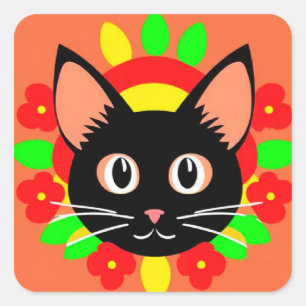 Pegatina Cuadrada Ilustración Vibrante de Cara de Gato Adorable