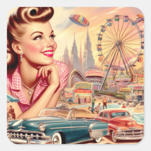 Pegatina Cuadrada Ilustracion Vintage Beauty Pin Up