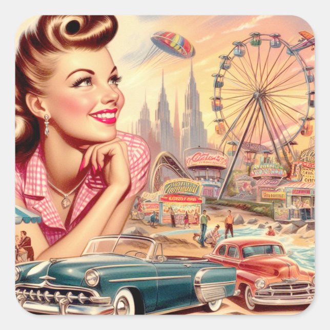 Pegatina Cuadrada Ilustracion Vintage Beauty Pin Up (Anverso)