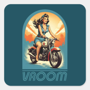 Pegatina Cuadrada Ilustracion vintage - Chica de motociclismo retro