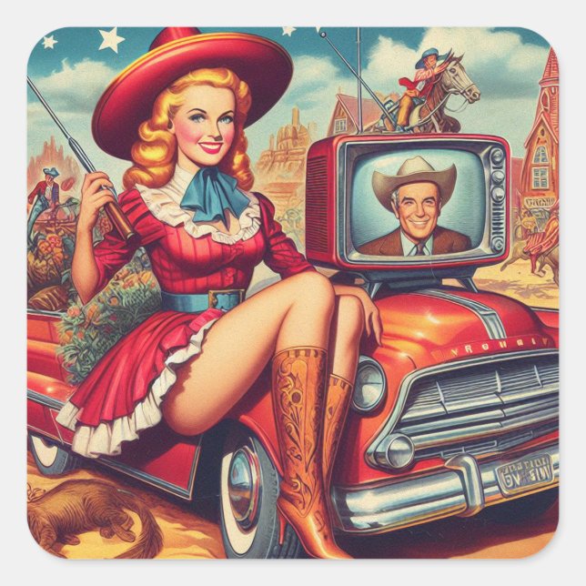 Pegatina Cuadrada Ilustracion Vintage Country Pin-Up (Anverso)