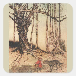 Pegatina Cuadrada Ilustración vintage de Caperucita Roja y el Lobo d