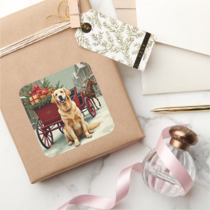 Pegatina Cuadrada Ilustración vintage de Golden Retriever en carruaj