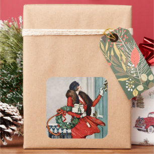 Pegatina Cuadrada Ilustración vintage de Navidad en la puerta
