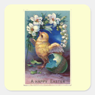 Pegatina Cuadrada Ilustracion Vintage De Pascua Con Chick