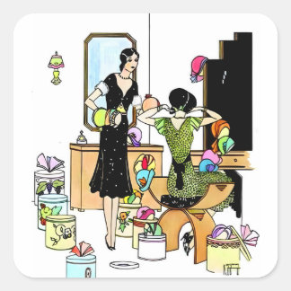 Pegatina Cuadrada Ilustración vintage de sombrerería Art Déco de los