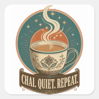 Pegatina Cuadrada Ilustración Vintage de Té Chai Tranquilo y Acogedo