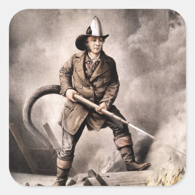 Pegatina Cuadrada Ilustracion Vintage Fireman (Anverso)