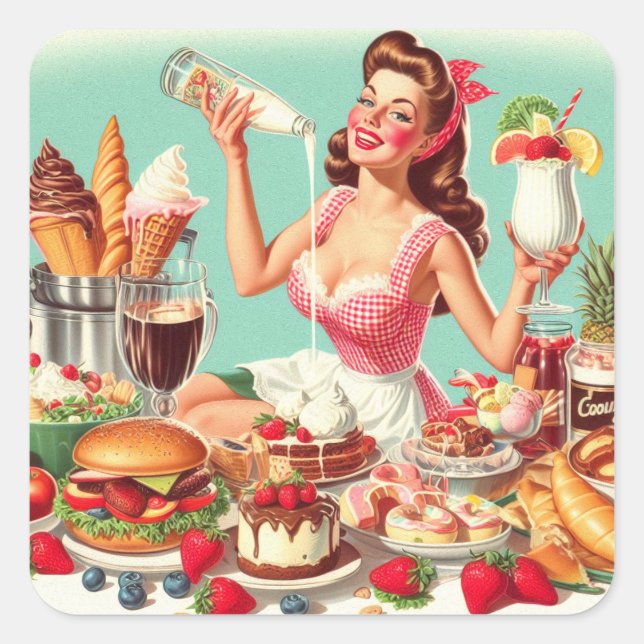 Pegatina Cuadrada Ilustracion Vintage Food Pin Up (Anverso)