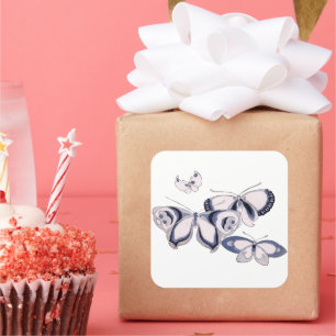 Pegatina Cuadrada ilustracion vintage, mariposas azules