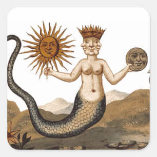 Pegatina Cuadrada Imagen de alquimia Merman medieval con 3 caras peg