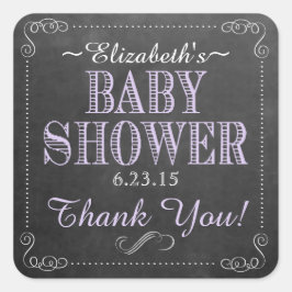 Pegatina Cuadrada Imagen de Chalkboard Baby Shower Purple