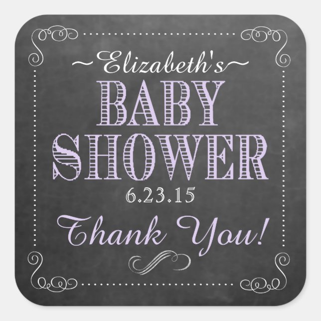 Pegatina Cuadrada Imagen de Chalkboard Baby Shower Purple (Anverso)