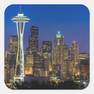 Pegatina Cuadrada Imagen del horizonte de Seattle en horas de mañan