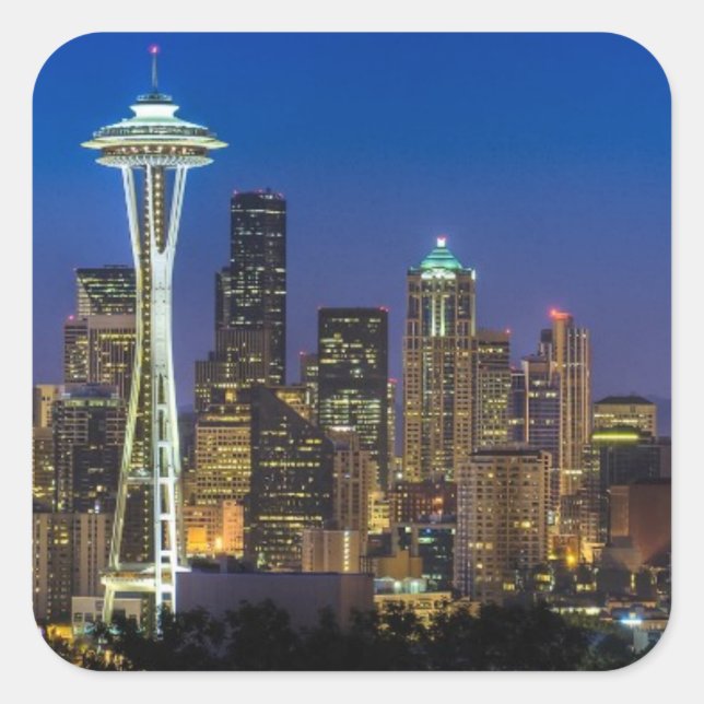 Pegatina Cuadrada Imagen del horizonte de Seattle en horas de mañana (Anverso)