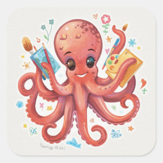 Pegatina Cuadrada Imágenes de Pintura de Pulpo Caprichoso – Arte Cre