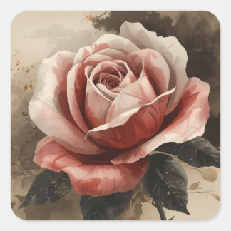Pegatina Cuadrada Imágenes pintadas con rosas floreciendo estilizada