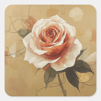 Pegatina Cuadrada Imágenes pintadas con rosas floreciendo estilizada