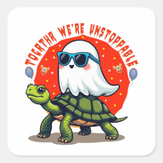 Pegatina Cuadrada Imparable diseño de aventura fantasma y tortuga