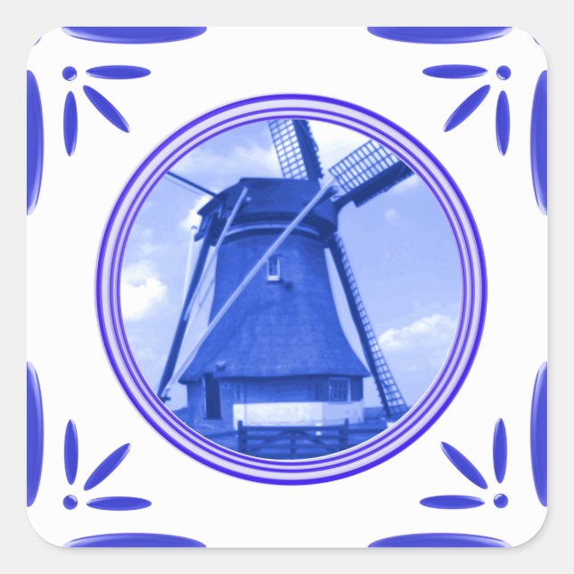 Pegatina Cuadrada Impresa De Holland Windmill Delft-Blue-Tile (Anverso)