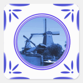 Pegatina Cuadrada Impresa de los molinos de viento de Holland Delft-