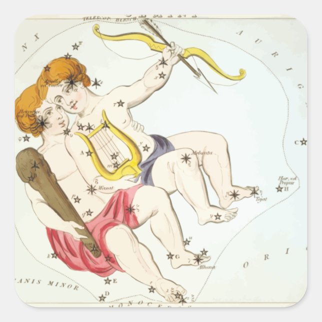 Pegatina Cuadrada Impresión antigua de la constelación Gemini espejo (Anverso)