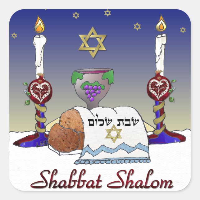Pegatina Cuadrada Impresión artística de Judaica Shabbat Shalom (Anverso)