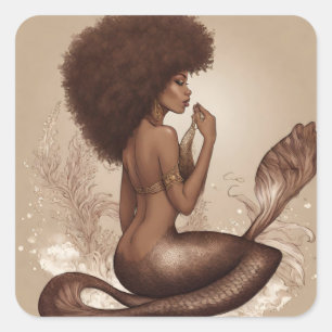 Pegatina Cuadrada Impresión de arte afro de sirena marrón