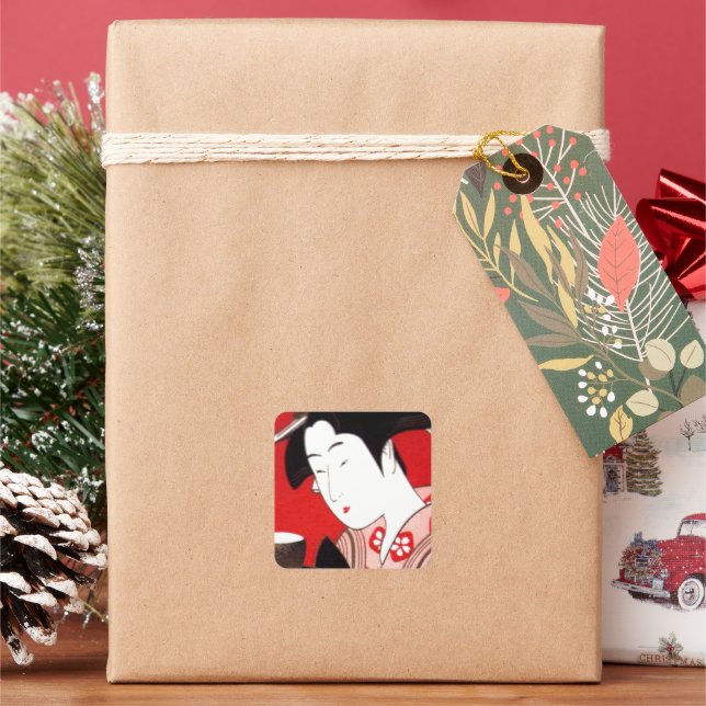 Pegatina Cuadrada Impresión de arte de ceremonias de té Lady japones (Vacaciones)