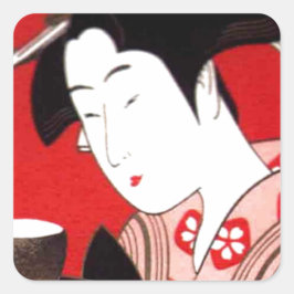 Pegatina Cuadrada Impresión de arte de ceremonias de té Lady japones