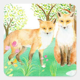 Pegatina Cuadrada Impresión de arte de pareja de zorros de color de 