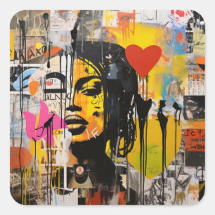 Pegatina Cuadrada Impresión de arte grunge de San Valentín