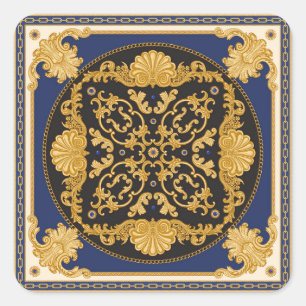 Pegatina Cuadrada Impresión de Bandana: Oro azul negro.