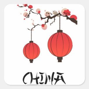 Pegatina Cuadrada Impresión de cartel de viaje de faroles chinos.