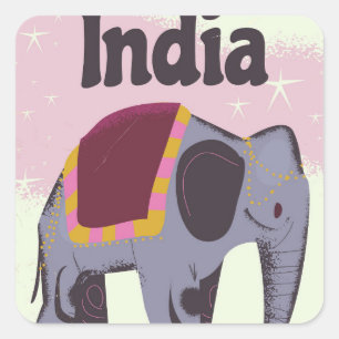 Pegatina Cuadrada Impresión de cartel de viaje vintage de elefante i