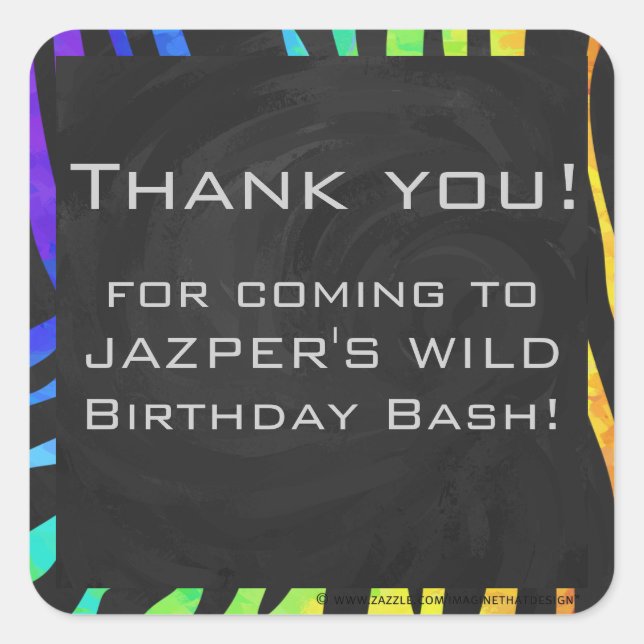 Pegatina Cuadrada Impresión de cebra negra y arco iris monograma (Anverso)