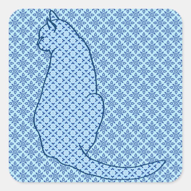 Pegatina Cuadrada Impresión de kimono azul para gato japonés (Anverso)