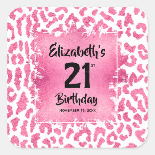 Pegatina Cuadrada Impresión de leopardo rosa 21 cumpleaños personali