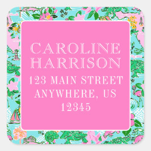 Pegatina Cuadrada Impresión de patrón de Palm Beach Preppy Map de Fl