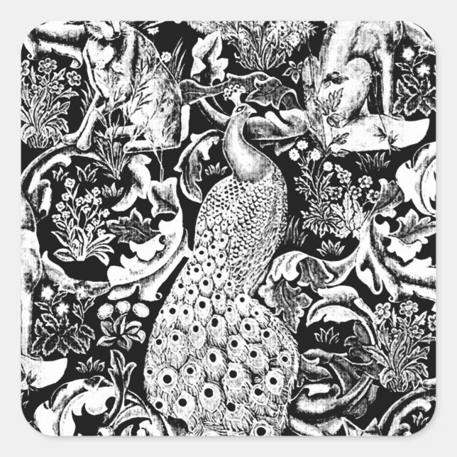 Pegatina Cuadrada Impresión de pavo real Art Nouveau, negro y blanco (Anverso)